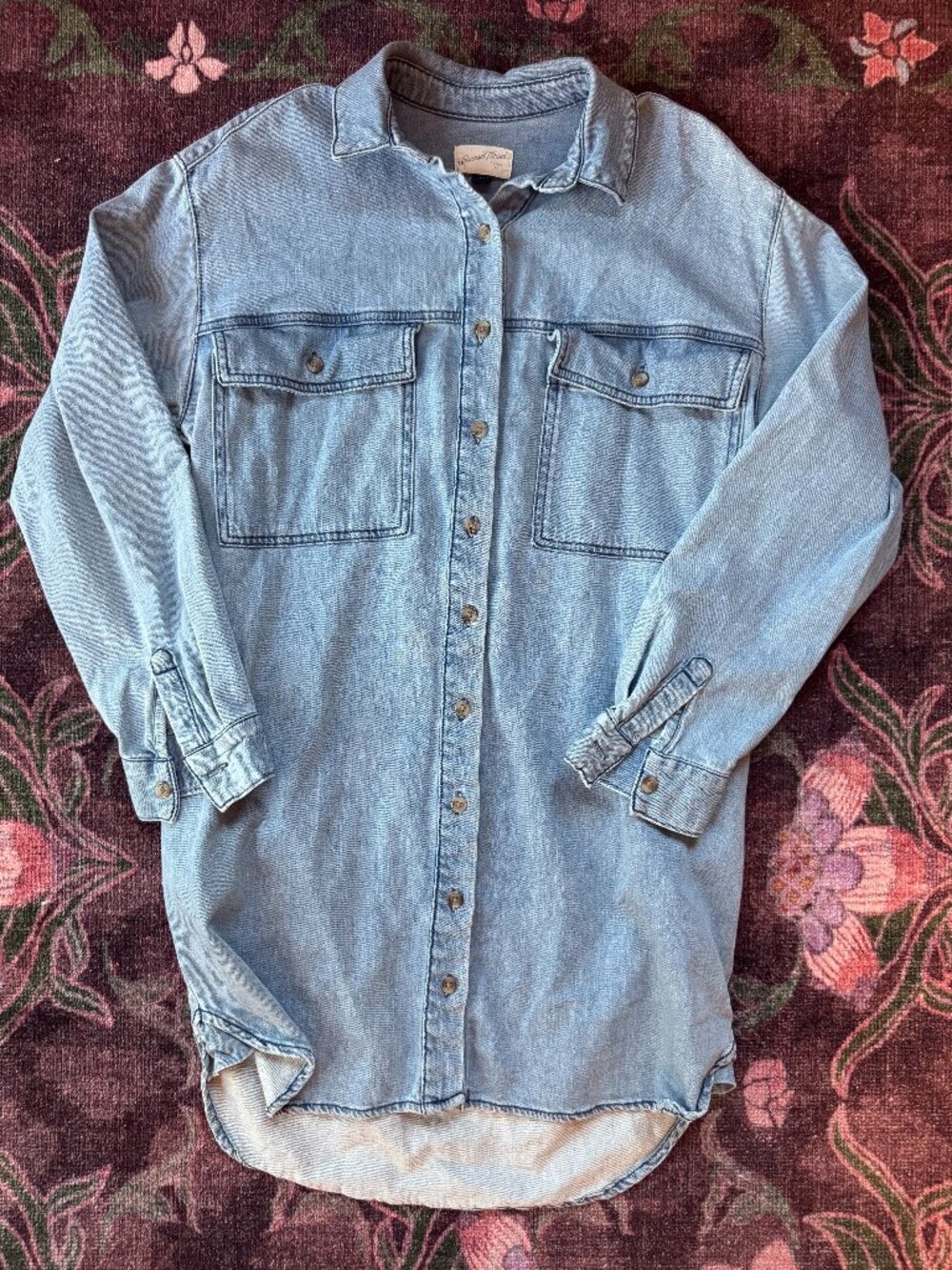 Universal Thread Chambray Button Front Long Utility Shirt Light Wash Tunic - M